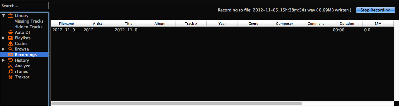 Mixxx library - Recordings view