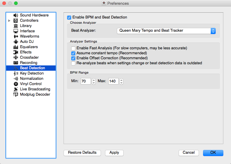 Mixxx preferences - BPM settings