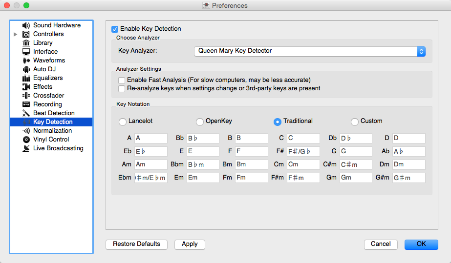 Mixxx preferences - Key settings
