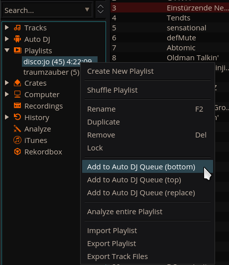 Mixxx library - Adding a playlist to Auto DJ