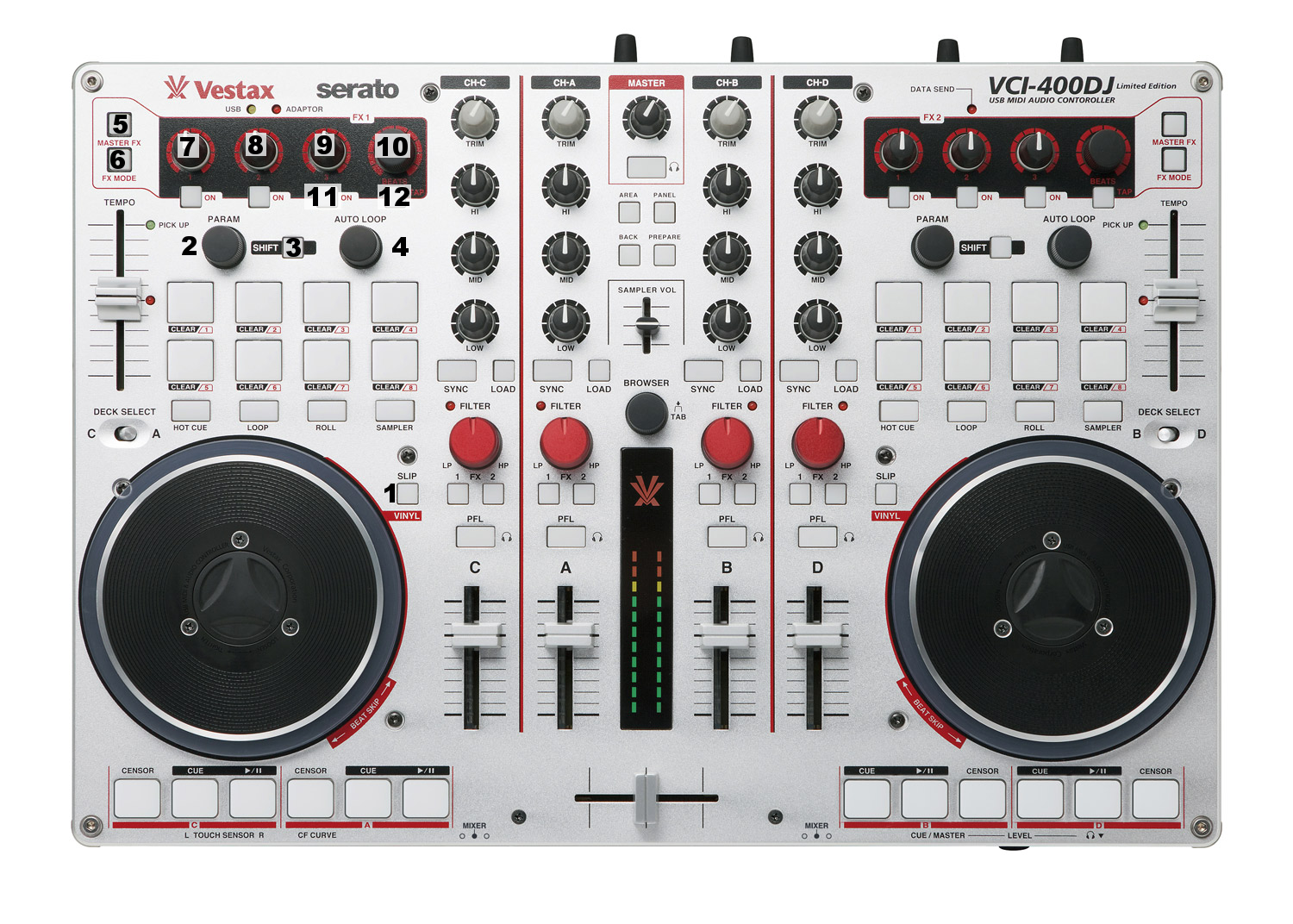 Vestax VCI-400 (top view with annotations)